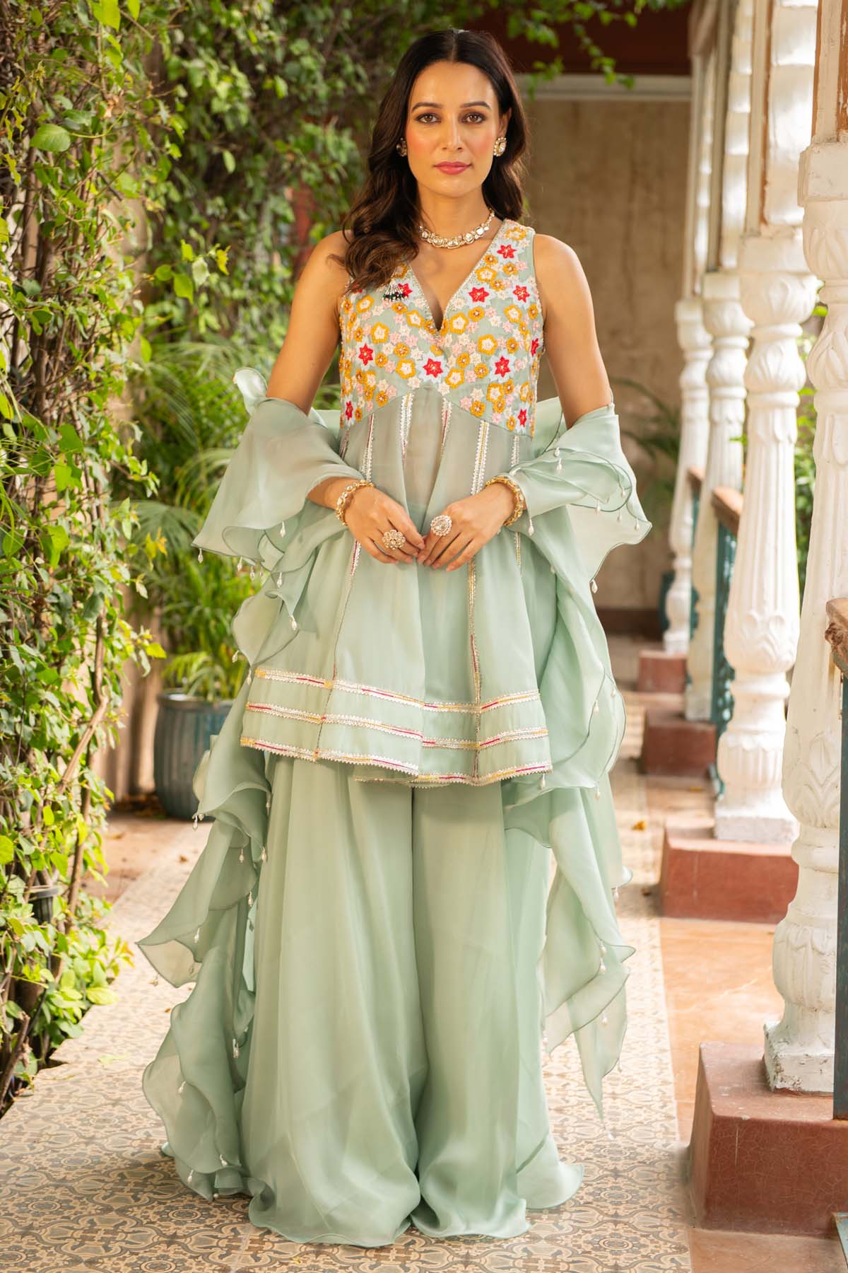 Buy Green Organza Peplum Kurta Set Online